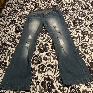 BONGO Distressed Flare Jeans with floral patches